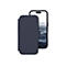 Dunkelblaue Leder-Handyhülle mit aufgeklappter Front, dahinter ein Smartphone mit Wellenmotiv auf dem Bildschirm.