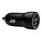 Schwarzer USB-Autoladegerät, 30W Max und 18W Max gekennzeichnet. Auf weißem Hintergrund.