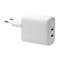 Weißes Ladegerät mit EU-Stecker und zwei USB-Anschlüssen. Aufschrift: 20W Max.
