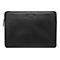 Schwarze Leder-Laptoptasche, mit Reißverschluss und Logo. Vertikale Naht in der Mitte.