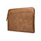 Braune Leder-Laptoptasche mit Reißverschluss, Markenlogo. Das Produkt ist auf weißem Hintergrund abgebildet.