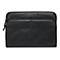 Schwarze Laptoptasche aus Leder mit Reißverschluss und Logo. Auf weißem Hintergrund.