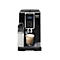 Schwarze Kaffeemaschine mit Milchaufschäumer, Display und Glas mit Latte Macchiato.