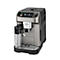 Kaffeemaschine in Silber und Schwarz, Wassertank links, Bedienfeld oben.