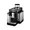 Schwarze Kaffeemaschine mit Wassertank und Milchaufschäumer. Deutlich sichtbares Logo „DeLonghi“.