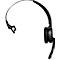 Black headset with microphone and headband. The earpiece rests on the ear, the microphone points downwards.