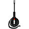 Black headset with microphone. Above the round housing, a microphone arm with a light extends.