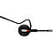 A black headset worn on one ear. A microphone is attached at the end of a boom.