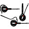 Three views of a black headset. Round housing, microphone arm, "SDW 10" lettering, red accents.