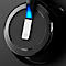 Close-up of black headphones with blue illuminated detail and logo.