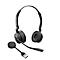 Black headset with microphone and USB connector. Round earcups, adjustable headband.