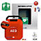Roter AED-Defibrillator mit Gehäuse, Hinweis auf HLW, Temperaturanzeige, Alarm und mehrsprachigen Texten.