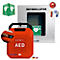 Roter AED-Defibrillator mit Gehäuse, Piktogramme und Hinweis. Das Gerät ist mit einem Gehäuse und einem Warnhinweis versehen.