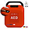 Roter AED mit Griff, Detailansicht mit Finger auf roter Taste. Neben der Bezeichnung AED und Logo der Firma.