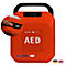 Roter AED-Defibrillator mit Griff, Beschriftung "AED" und einem Detailbild eines Knopfdrucks.