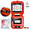 Rotes Defibrillator-Gerät mit geöffnetem Deckel, Anweisungen und Bildschirm. Mit Elektroden-Beutel.