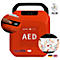 Roter AED-Defibrillator mit schwarzem Griff. Detailansicht zeigt Knopfdruck und Anweisungen. HLW-Symbol.