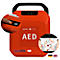 Rotes AED-Gerät mit schwarzen Griff und Detailansichten von Bedienung und Anwendung. Aufschrift: AED, MED X5 und Piktogramme.