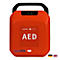 Roter AED-Defibrillator mit Tragegriff. Darauf steht in großem weißen Text „AED“. Unterhalb sind die Logos von „yuwell“ und „PRIMEDIC“ abgebildet.