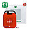 Roter AED-Defibrillator mit Tragegriff und rotem Alarm-Symbol auf weißem Hintergrund. Anleitung mit Herzsymbol.