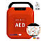 Roter AED-Defibrillator mit Tragegriff, Anleitung, HLW-Symbol und Piktogramm. Text: AED, MEDX5, yuwell, PRIMEDIC.