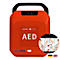 Rotes AED-Gerät mit Tragegriff, Anzeige und Anleitung, darunter der Schriftzug AED.