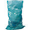 Een turquoise blauwe vuilniszak, licht gekreukeld, staat tegen een witte achtergrond.