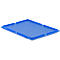 Blauw plastic deksel, rechthoekig met een opstaande rand en uitsparingen.