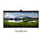 Un moniteur Dell avec webcam affiche un paysage. L'écran affiche des montagnes, de l'eau, des nuages et de l'herbe verte.