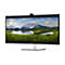 Un moniteur Dell avec webcam montrant un lac de montagne. Cadre noir, pied argent.