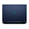 Dunkelblauer Laptop, Rückseite. Mittig Alien-Logo, grün-blau. Unten Ports, Lüftungsschlitze.