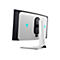 Ein weiß-schwarzer Alienware-Monitor mit blauem Logo und Details, von hinten gesehen, auf weißem Hintergrund.