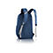 Dunkelblauer Rucksack mit reflektierenden Streifen auf TrÃ¤gern. RÃ¼ckansicht, vor weiÃŸem Hintergrund, leichte Spiegelung.