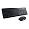 Draufsicht auf ein schwarzes kabelloses Dell-Tastatur- und Maus-Set, vor weißem Hintergrund.