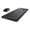 Draufsicht auf ein schwarzes kabelloses Tastatur- und Maus-Set. Die Tastatur hat flache Tasten mit weißer Beschriftung. Die Maus hat ein schlankes Design mit einem Scrollrad und Tasten.