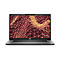 Dunkelgrauer Laptop mit schwarzem Bildschirm, auf dem ein gelb-rotes abstraktes Muster dargestellt ist. Dell-Logo unten.
