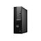 Schwarzer PC-Tower, Vorderseite mit Lüftungsschlitzen, Anschlüssen und Dell-Logo. Oben befindet sich der Einschaltknopf.