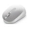 Hellgraue kabellose Maus mit Scrollrad und drei Knöpfen. Auf der Oberseite befinden sich Symbole für die Einstellung der DPI.