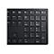 Draufsicht auf eine schwarze Tastatur mit vielen Tasten, einschließlich Nummernblock und Funktionstasten.