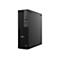 Un ordinateur de bureau noir est posé sur un fond blanc. L'avant comporte des ports USB, des prises audio et le logo Dell.