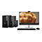 Schwarz-grauer Desktop-PC-Set. Drei PCs, ein Monitor, Tastatur und Maus. Monitor zeigt abstrakte goldene Form.