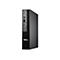 Ein schwarzer Dell Mini-PC, von vorne fotografiert, auf weißem Hintergrund. Sichtbar sind Ein-/Aus-Schalter, Audioanschluss, USB-Anschluss.