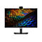 Schwarzer Dell-Monitor mit schmalem Rahmen, integrierter Webcam und buntem, abstraktem Muster auf dem Display.