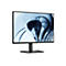 Ein schwarzer Dell Monitor mit blauem Hintergrund. Der Monitor steht auf einem rechteckigen, schwarzen Fuß.