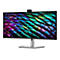 Ein Dell UltraSharp Monitor mit Webcam auf einem silbernen Standfuß vor weißem Hintergrund.