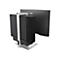 Ein schwarzer Dell-Monitor und ein ebenfalls schwarzer Computer auf einem silbernen Halterung, der sich an der Rückseite des Monitors befindet.