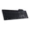 Schwarze Dell-Tastatur mit silbergrauem Rand. Die Tasten sind mit Buchstaben, Zahlen und Sonderzeichen beschriftet.