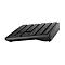 Schwarze Tastatur mit erhöhter Form, Seitenansicht. Tasten sind rechteckig angeordnet.