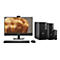 Ein Dell-Computerset mit Monitor, Tastatur, Maus und drei Tower-Computern. Der Monitor zeigt ein abstraktes Wellenmuster. Alle Geräte sind schwarz.