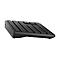 Schwarze, ergonomische Tastatur in Schrägansicht, Tasten angeordnet in mehreren Reihen.
